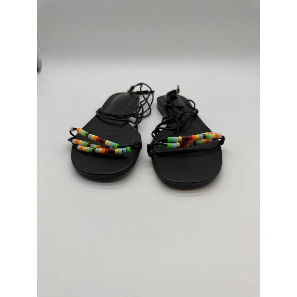 Women Black Beaded Lace Up Gladiator Sandals Flat Boho Shoes 8